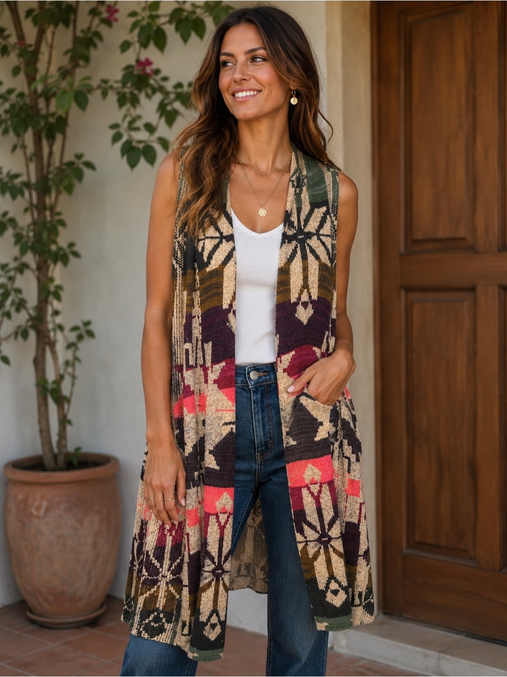 Sleeveless Knit Aztec Print Vest Dress in Beige and Multi